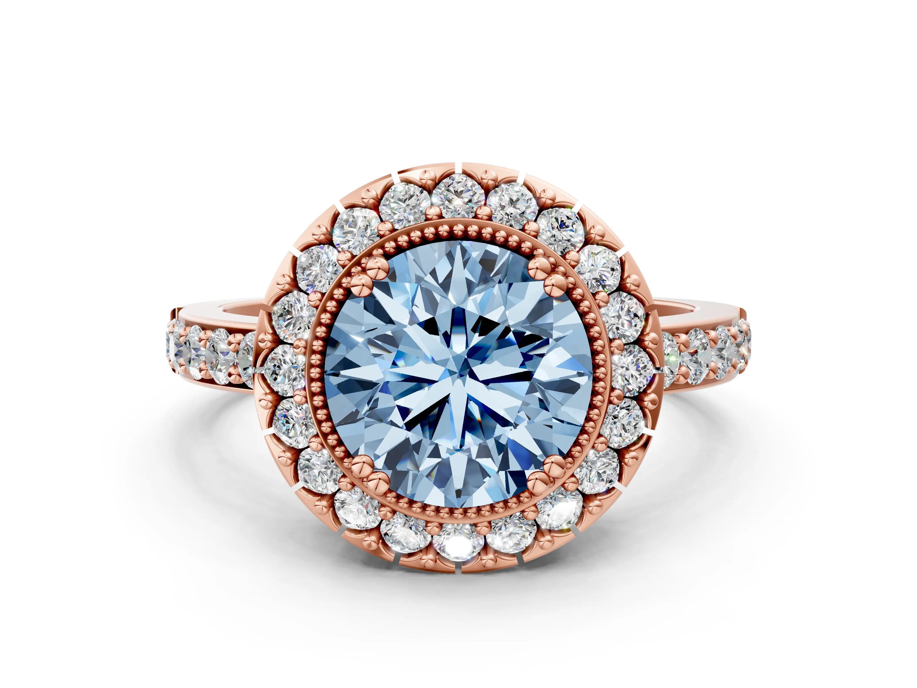 Rose gold Fancy Blue Round Cut Diamond Halo Ring with Pavé Band and Prong Setting_12