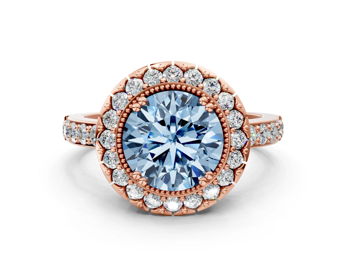 Rose gold Fancy Blue Round Cut Diamond Halo Ring with Pavé Band and Prong Setting_12