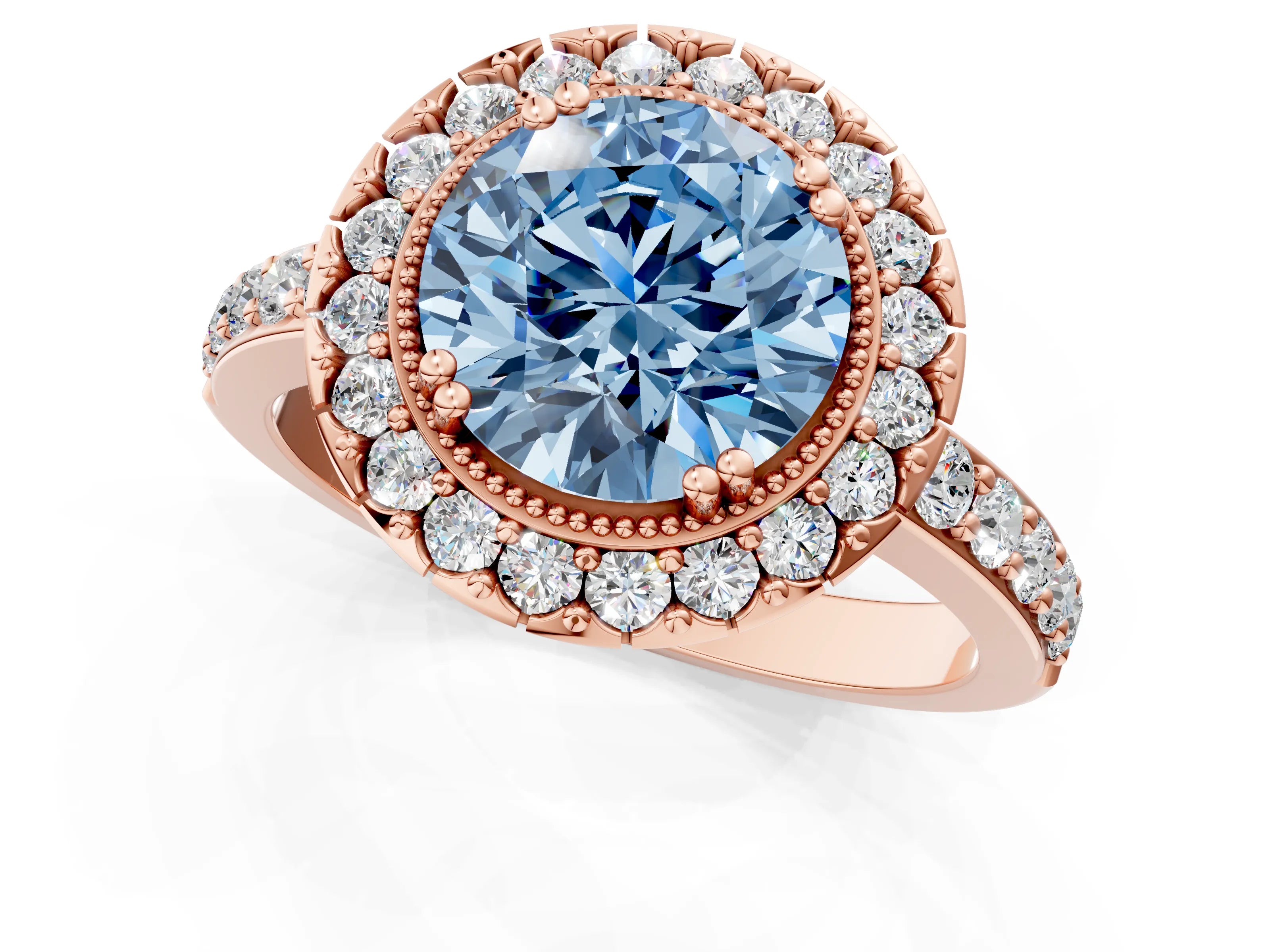 Rose gold Fancy Blue Round Cut Diamond Halo Ring with Pavé Band and Prong Setting_13