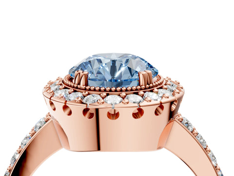 Rose gold Fancy Blue Round Cut Diamond Halo Ring with Pavé Band and Prong Setting_16