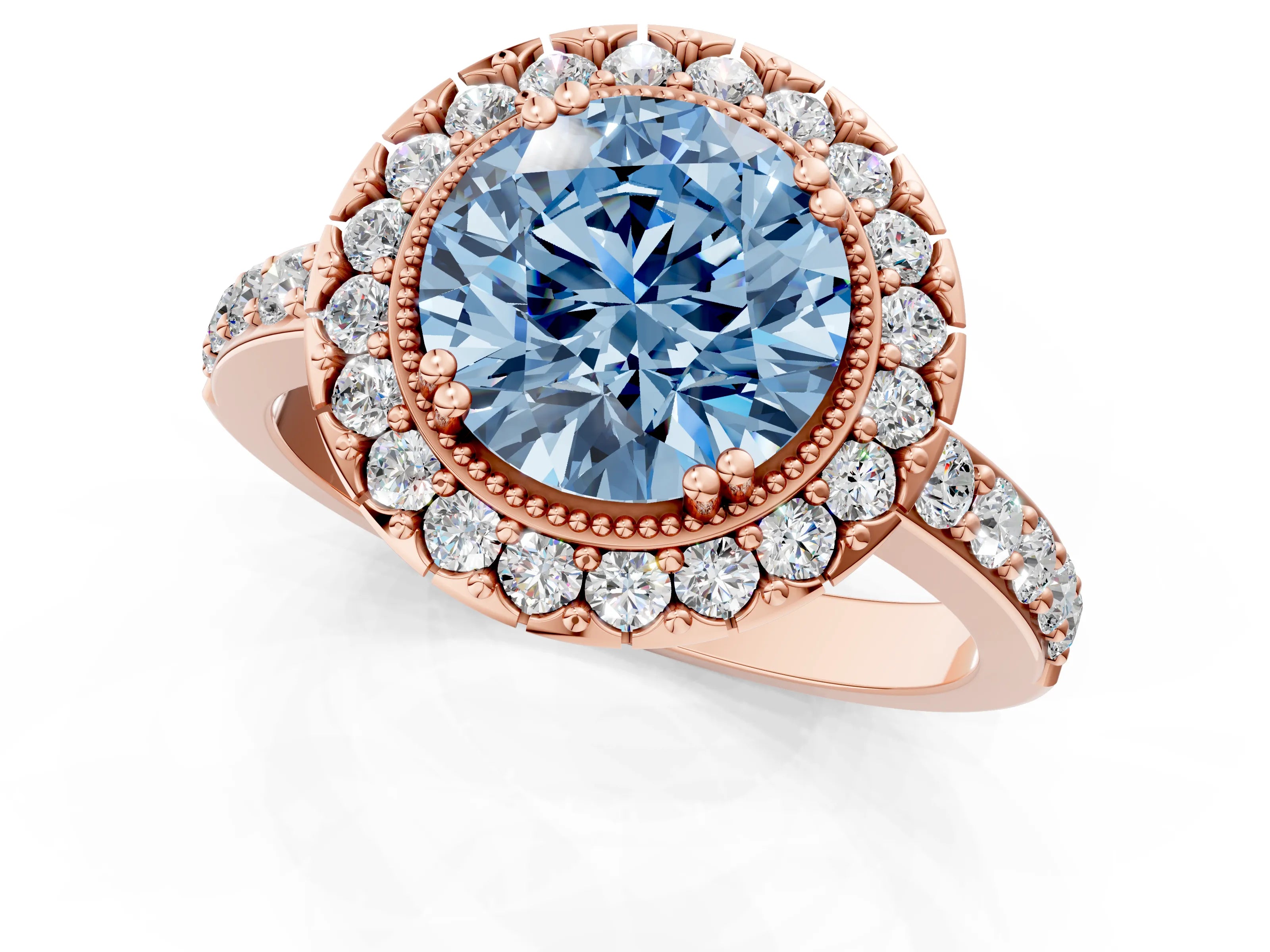 Rose gold Fancy Blue Round Cut Diamond Halo Ring with Pavé Band and Prong Setting_25