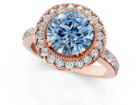 Rose gold Fancy Blue Round Cut Diamond Halo Ring with Pavé Band and Prong Setting_25