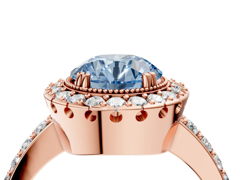 Rose gold Fancy Blue Round Cut Diamond Halo Ring with Pavé Band and Prong Setting_28