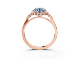 Rose gold Fancy Blue Round Cut Diamond Halo Ring with Pear Side Stones and Prong Setting_54