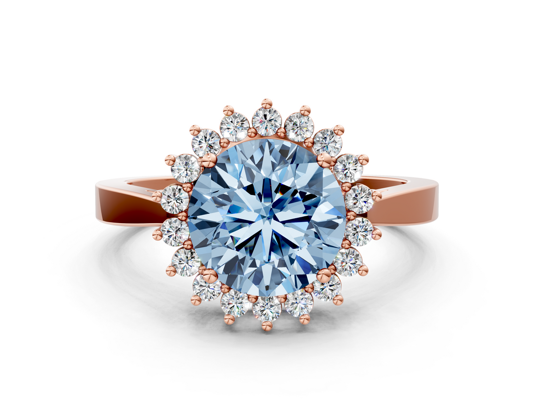 Rose gold Fancy Blue Round  Cut Diamond Halo Ring with Round Brilliant Halo and Solitaire Band_87