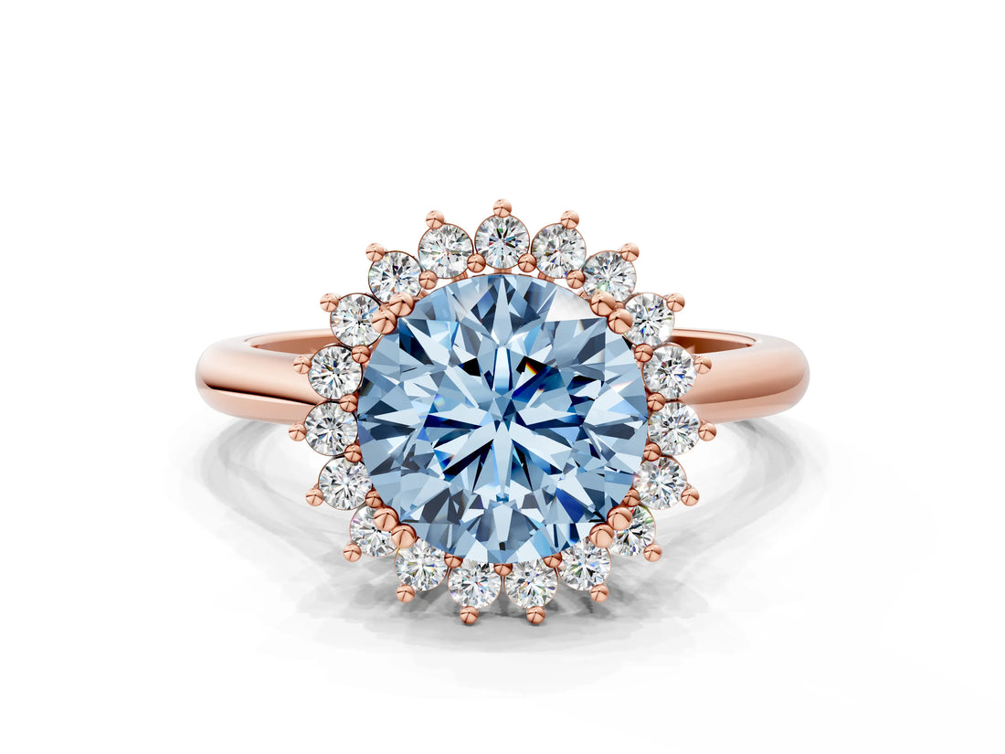 Rose gold Fancy Blue Round  Cut Diamond Halo Ring with Solitaire Band and Prong Setting_53