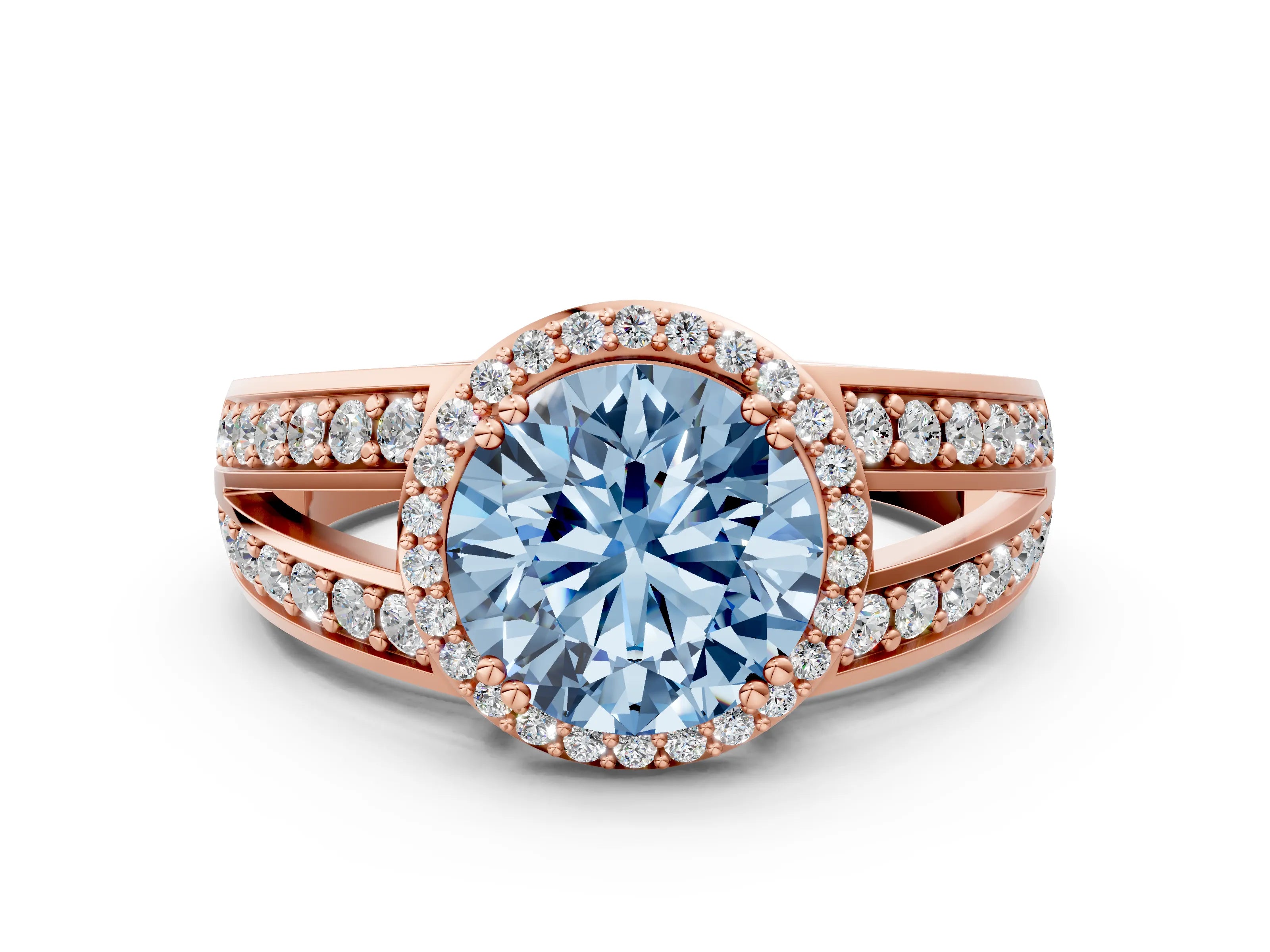 Rose gold Fancy Blue Round Cut Diamond Halo Ring with Split Shank Pavé Band and Four-Prong Setting