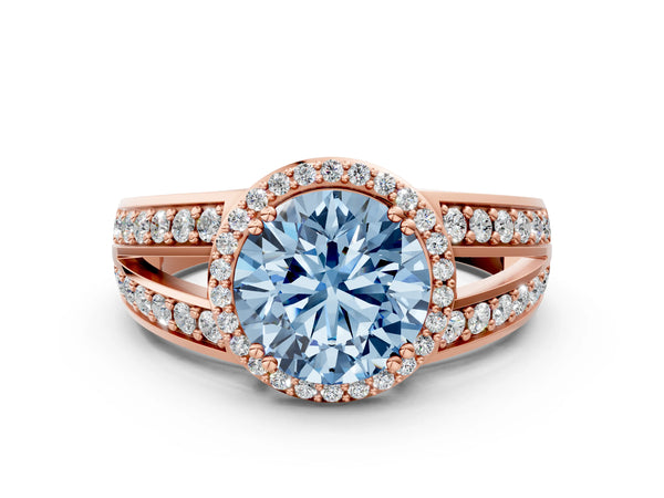 Rose gold Fancy Blue Round Cut Diamond Halo Ring with Split Shank Pavé Band and Four-Prong Setting
