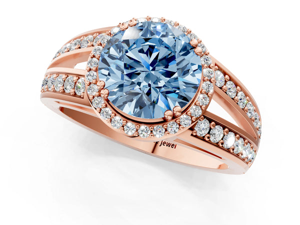 Rose gold Fancy Blue Round Cut Diamond Halo Ring with Split Shank Pavé Band and Four-Prong Setting