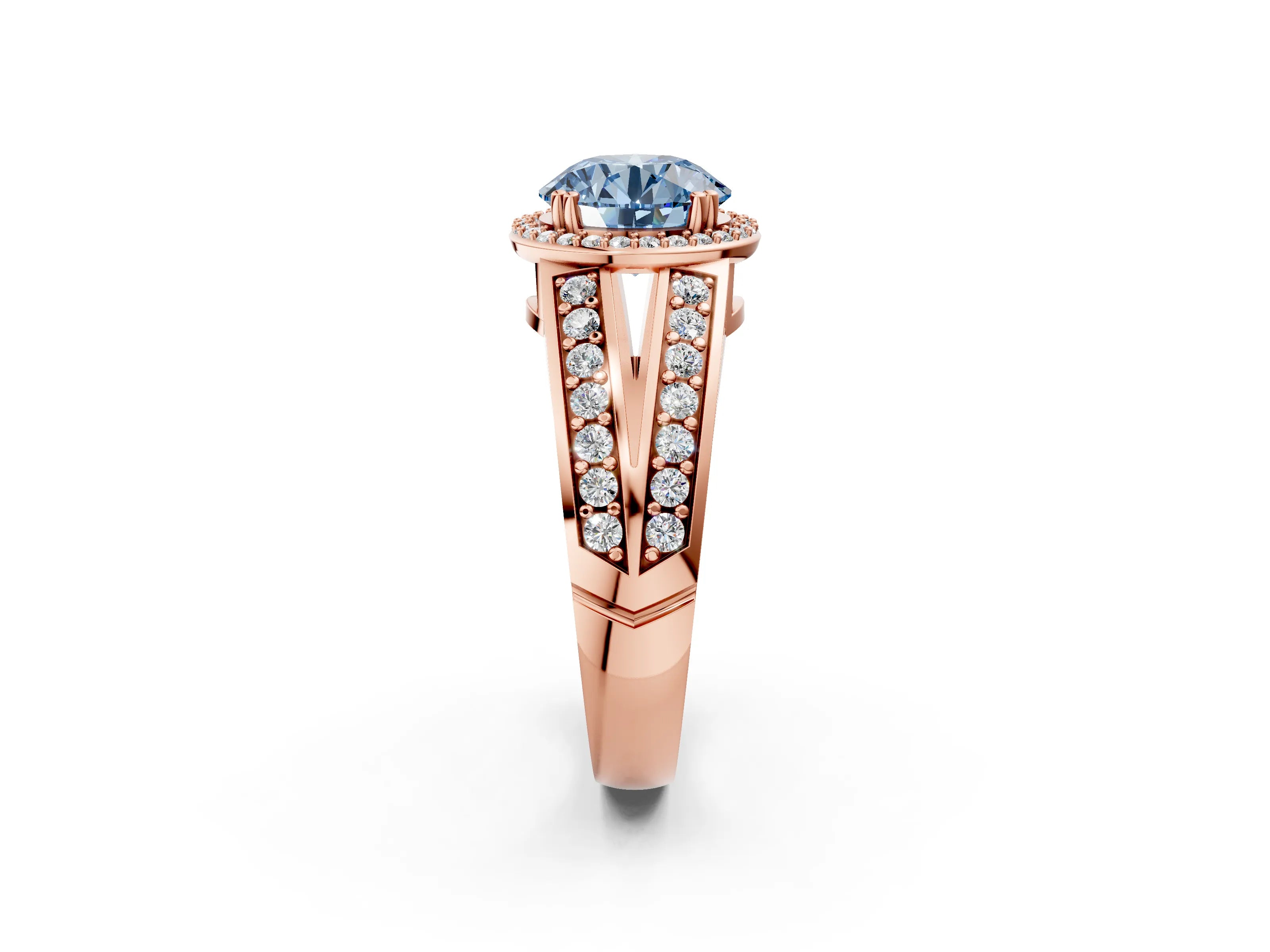 Rose gold Fancy Blue Round Cut Diamond Halo Ring with Split Shank Pavé Band and Four-Prong Setting_2