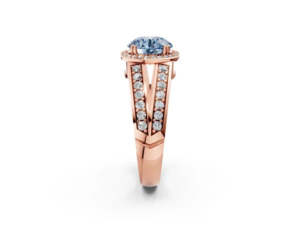 Rose gold Fancy Blue Round Cut Diamond Halo Ring with Split Shank Pavé Band and Four-Prong Setting