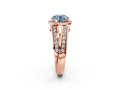 Rose gold Fancy Blue Round Cut Diamond Halo Ring with Split Shank Pavé Band and Four-Prong Setting_2