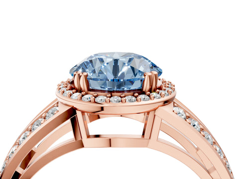 Rose gold Fancy Blue Round Cut Diamond Halo Ring with Split Shank Pavé Band and Four-Prong Setting_4