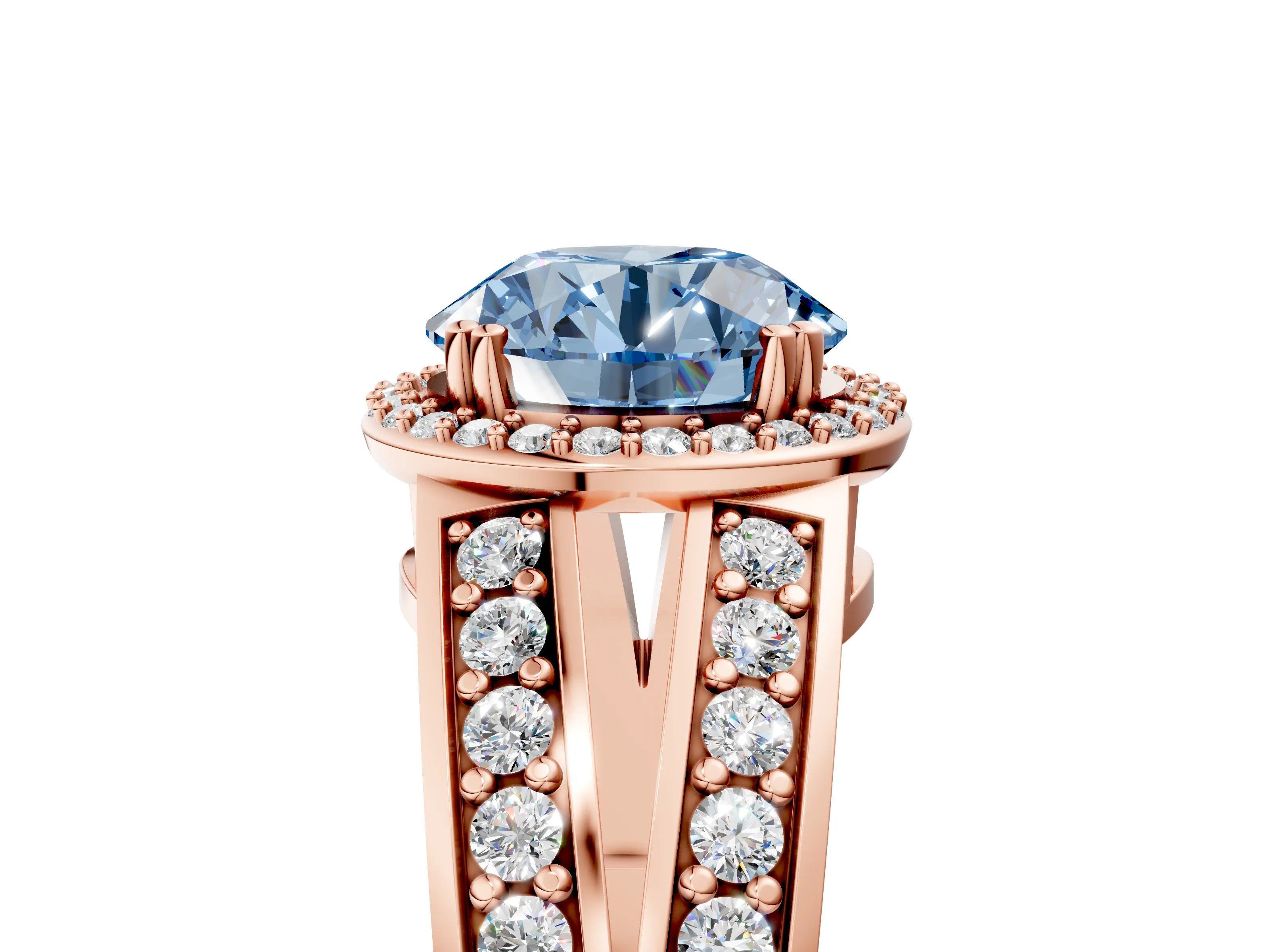 Rose gold Fancy Blue Round Cut Diamond Halo Ring with Split Shank Pavé Band and Four-Prong Setting_5