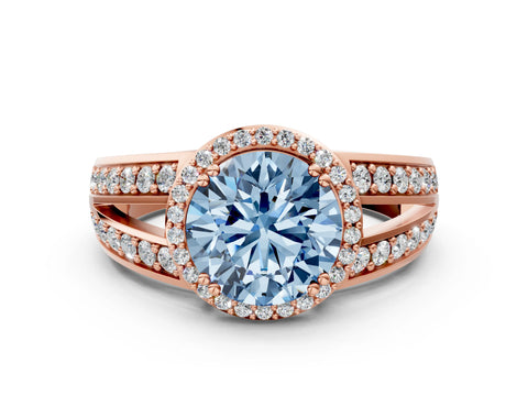 Rose gold Fancy Blue Round Cut Diamond Halo Ring with Split Shank Pavé Band and Four-Prong Setting