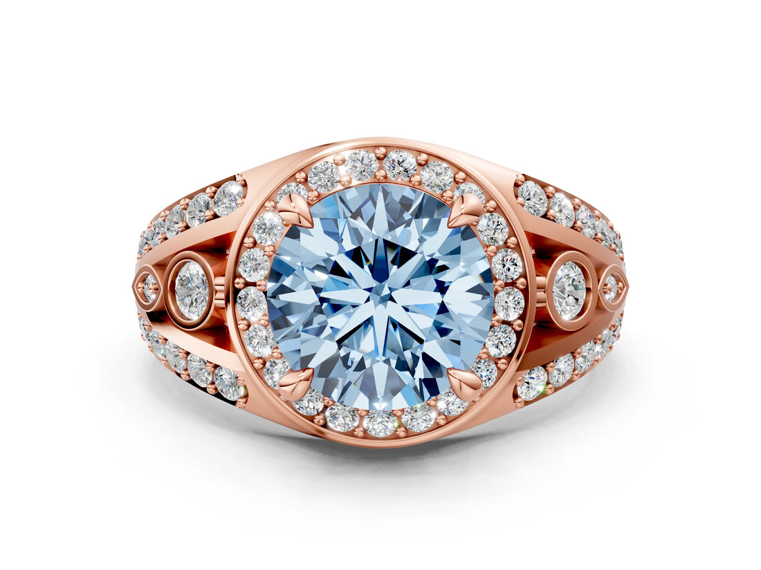Rose gold Fancy Blue Round Cut Diamond Halo Ring with Split Shank and Bezel Accents and Four-Prong Setting