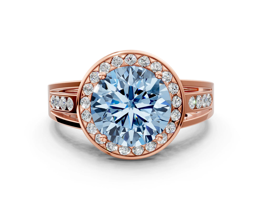 Rose gold Fancy Blue Round Cut Diamond Halo Ring with Split Shank and Bezel Accents and Prong Setting