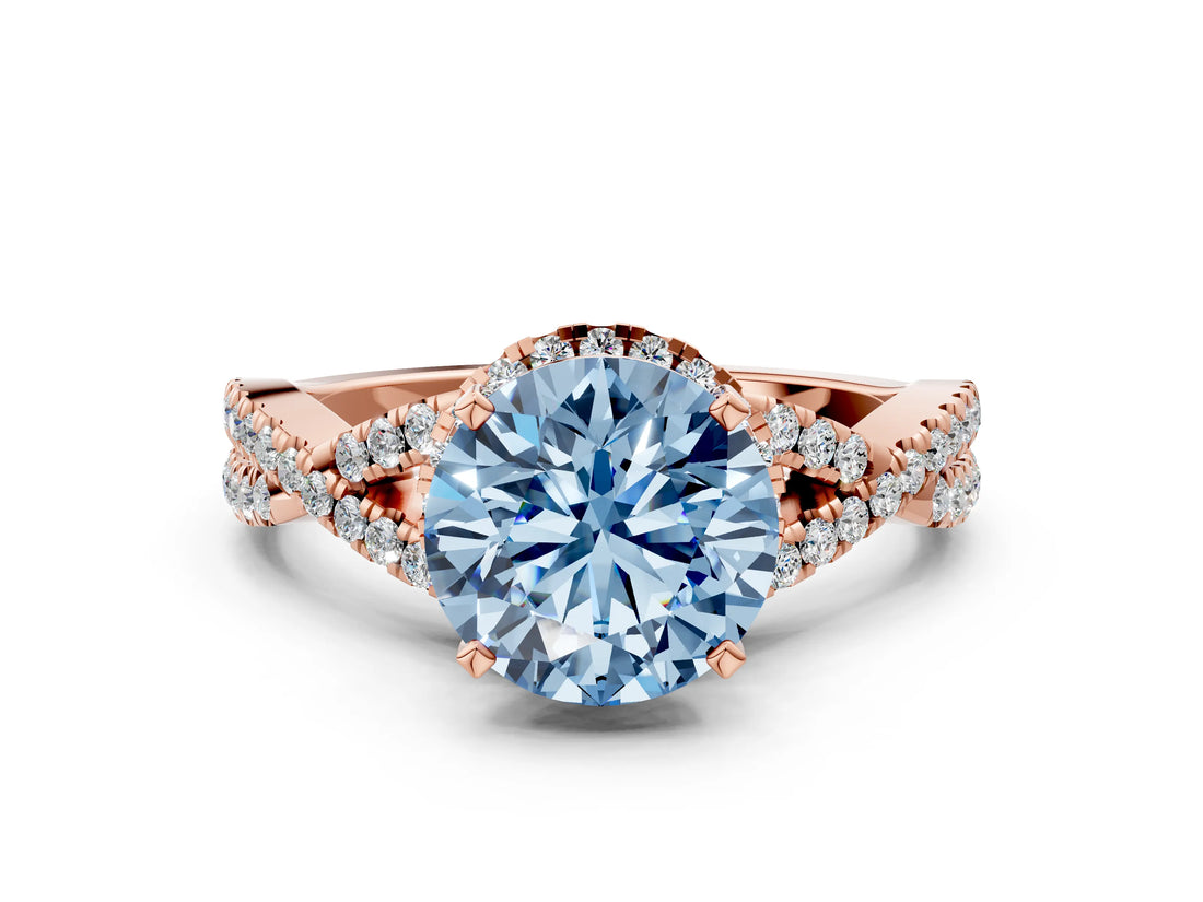 Rose gold Fancy Blue Round Cut Diamond  Halo Twist Band Solitaire Prong Setting Ring_42
