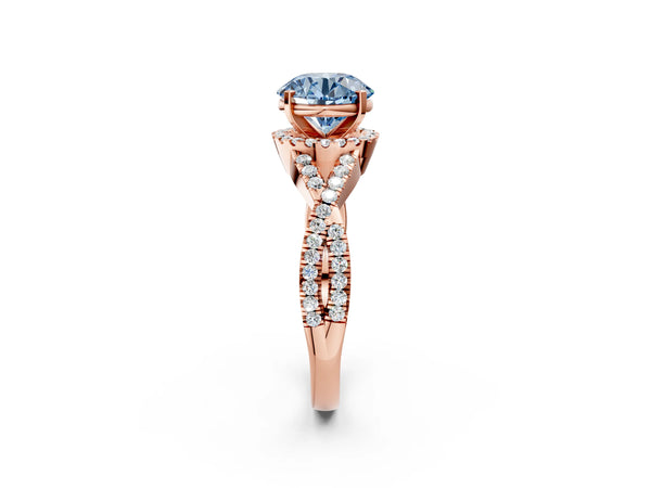 Rose gold Fancy Blue Round Cut Diamond  Halo Twist Band Solitaire Prong Setting Ring