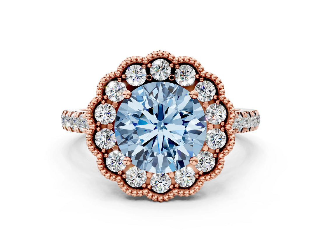 Rose gold Fancy Blue Round  Cut Diamond Milgrain Floral Halo Engagement Ring with Pavé Band_15