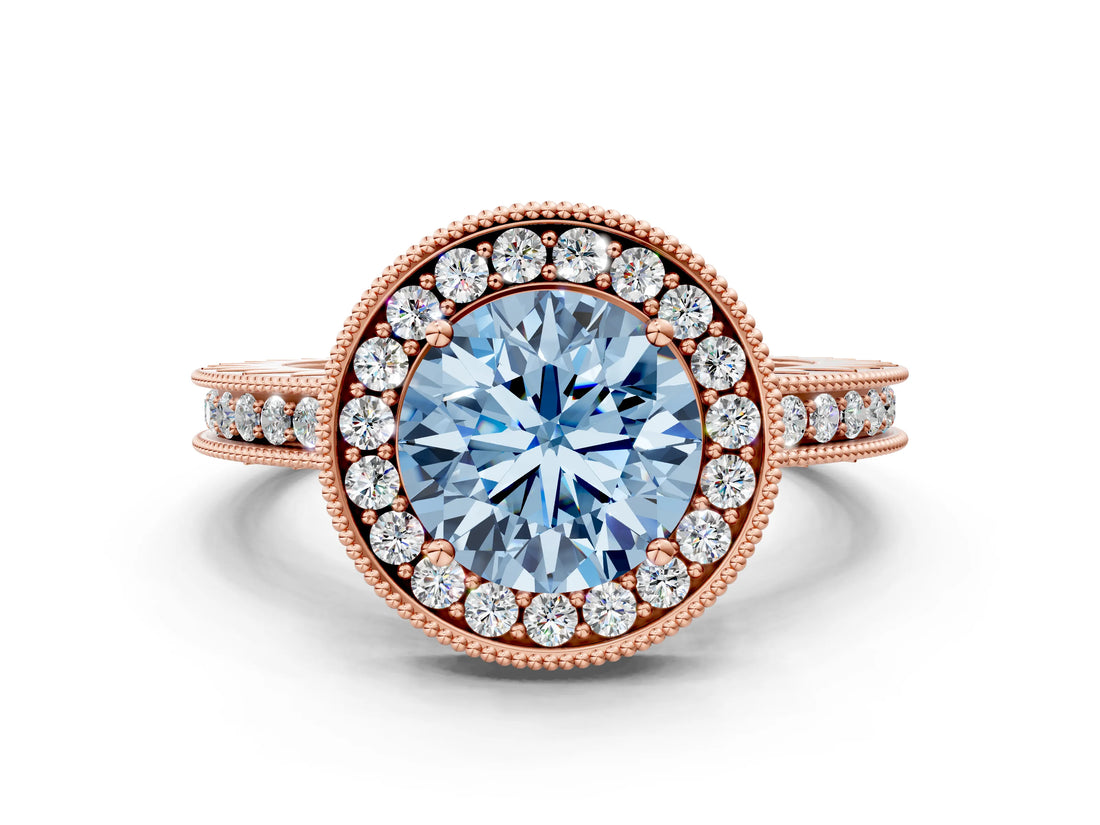 Rose gold Fancy Blue Round Cut Diamond Milgrain Halo Engagement Ring with Round Pavé Band and Prong Setting_12