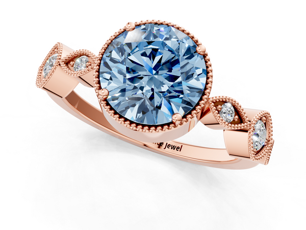 Rose gold Fancy Blue Round  Cut Diamond Milgrain Marquise Band with Prong Setting