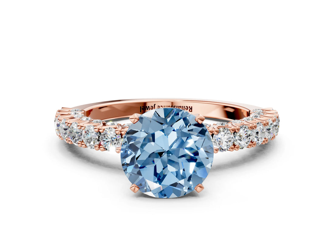 Rose gold Fancy Blue Round Cut Diamond Pavé Band Solitaire Ring with Prong Setting_62