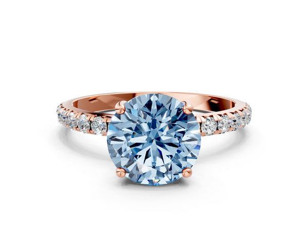 Rose gold Fancy Blue Round  Cut Diamond Solitaire Ring with Micro Pave Band and Four Prong Setting
