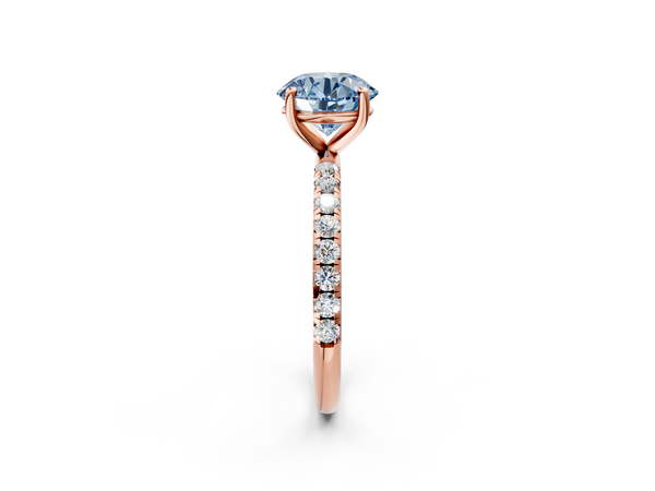 Rose gold Fancy Blue Round  Cut Diamond Solitaire Ring with Micro Pave Band and Four Prong Setting