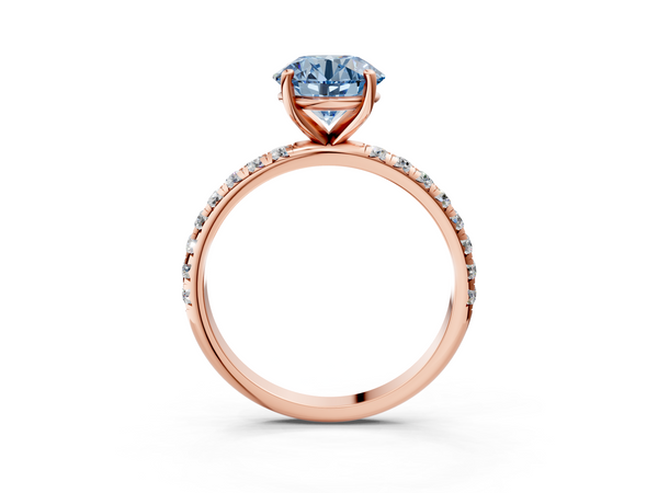Rose gold Fancy Blue Round  Cut Diamond Solitaire Ring with Micro Pave Band and Four Prong Setting