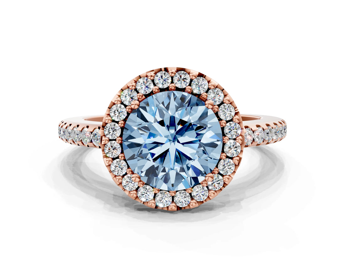 Rose gold Fancy Blue Round Cut Diamond Pavé Halo Ring with Four-Prong Setting_36