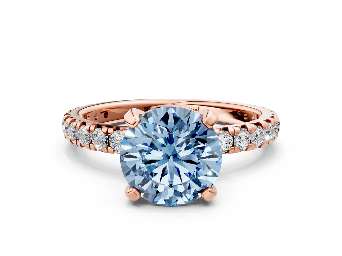 Rose gold Fancy Blue Round Cut Diamond Pavé Solitaire Ring with Round Band and Prong Setting_12