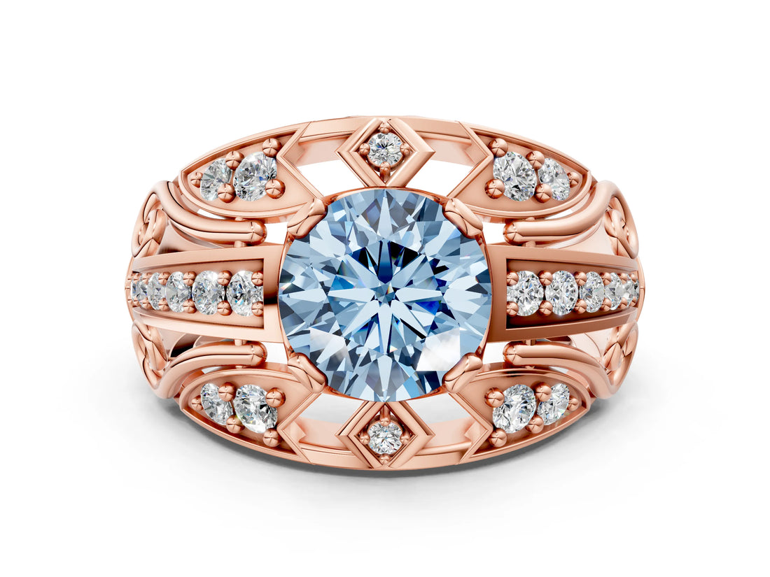 Rose gold Fancy Blue Round Cut Diamond Pave Art Deco Split Shank Ring with Four-Prong Setting