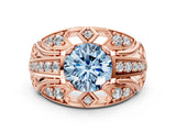 Rose gold Fancy Blue Round Cut Diamond Pave Art Deco Split Shank Ring with Four-Prong Setting