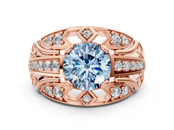 Rose gold Fancy Blue Round Cut Diamond Pave Art Deco Split Shank Ring with Four-Prong Setting