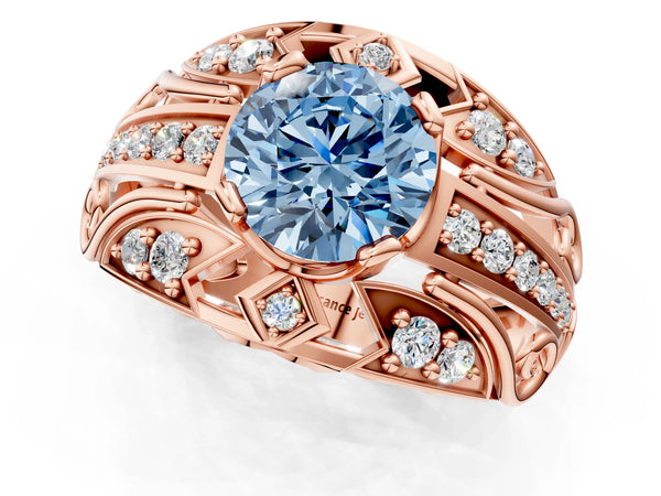 Rose gold Fancy Blue Round Cut Diamond Pave Art Deco Split Shank Ring with Four-Prong Setting