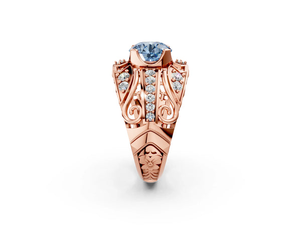 Rose gold Fancy Blue Round Cut Diamond Pave Art Deco Split Shank Ring with Four-Prong Setting