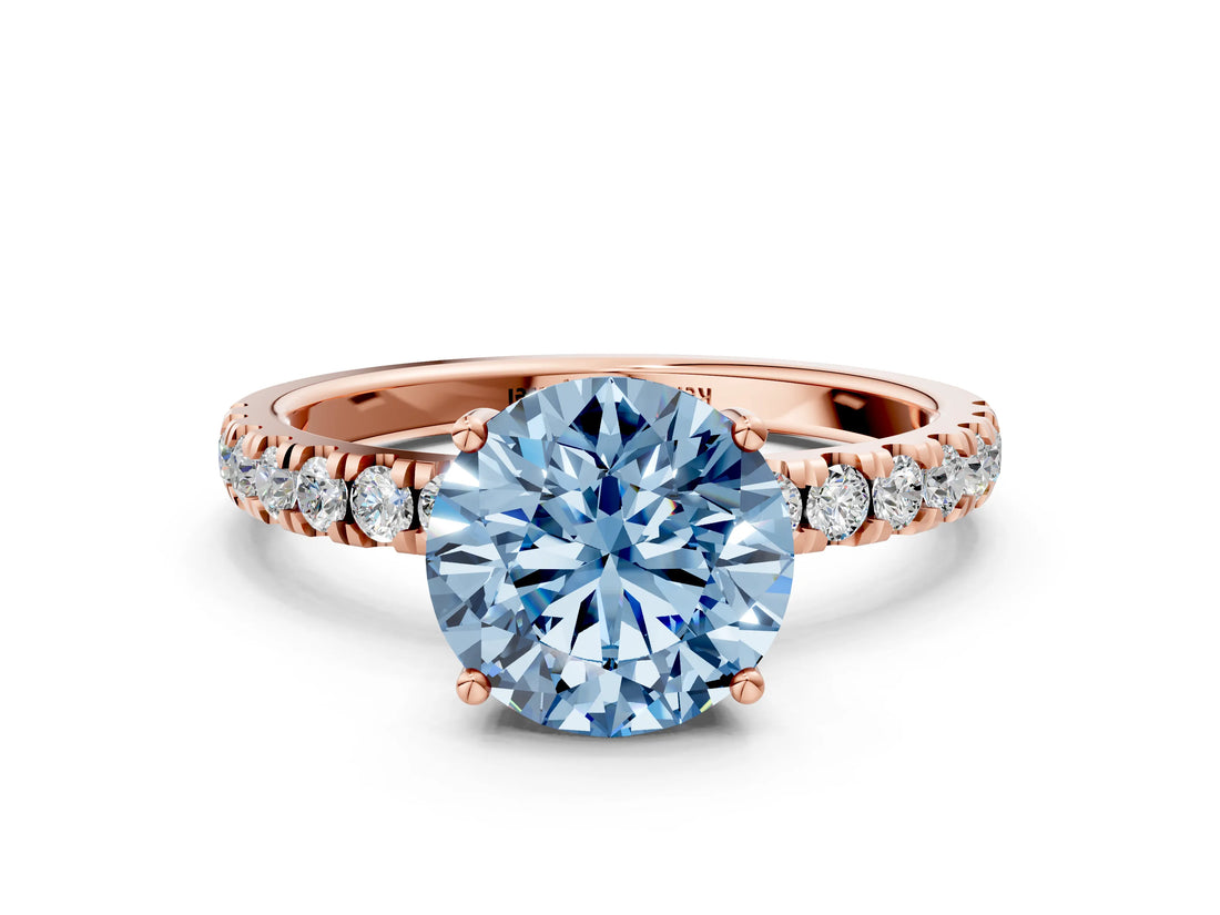 Rose gold Fancy Blue Round Cut Diamond Pave Band Solitaire Ring with Four-Prong Setting_58