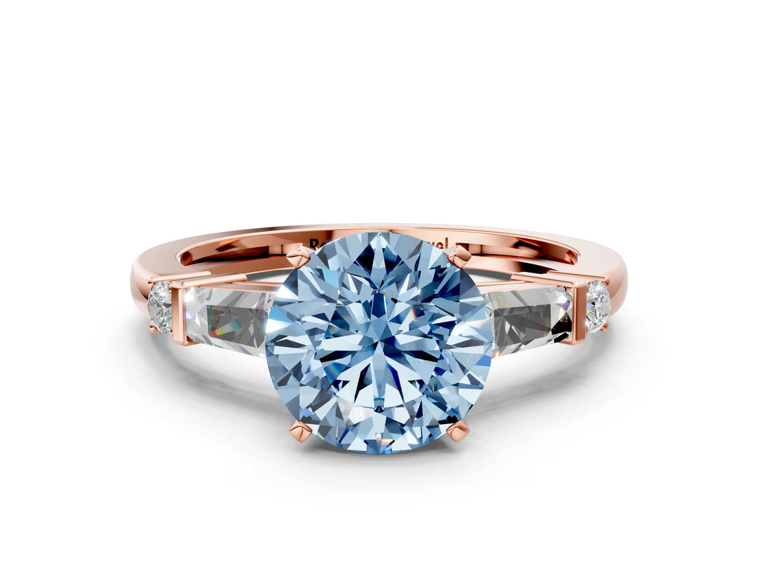 Rose gold Fancy Blue Round  Cut Diamond Ring with Baguette Side Stones, Channel Set Band, and Four-Prong Setting_36