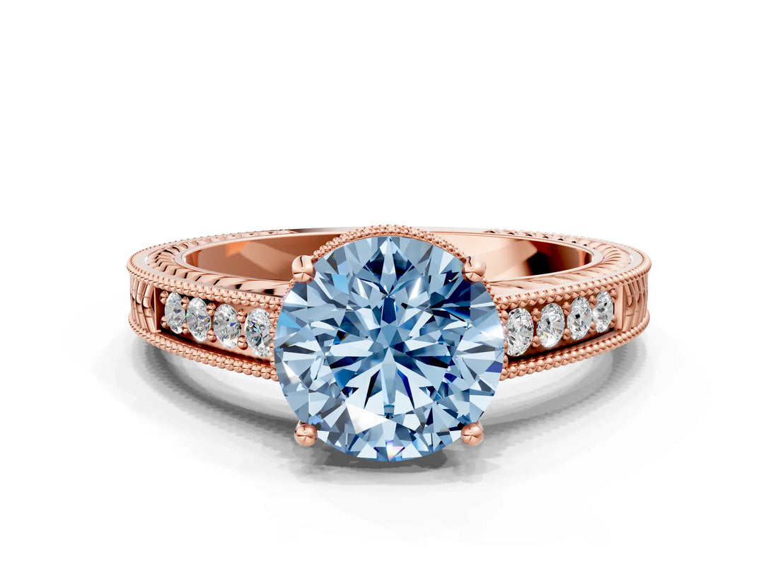Rose gold Fancy Blue Round Cut Diamond Ring with Milgrain Pavé Band and Four-Prong Setting_25