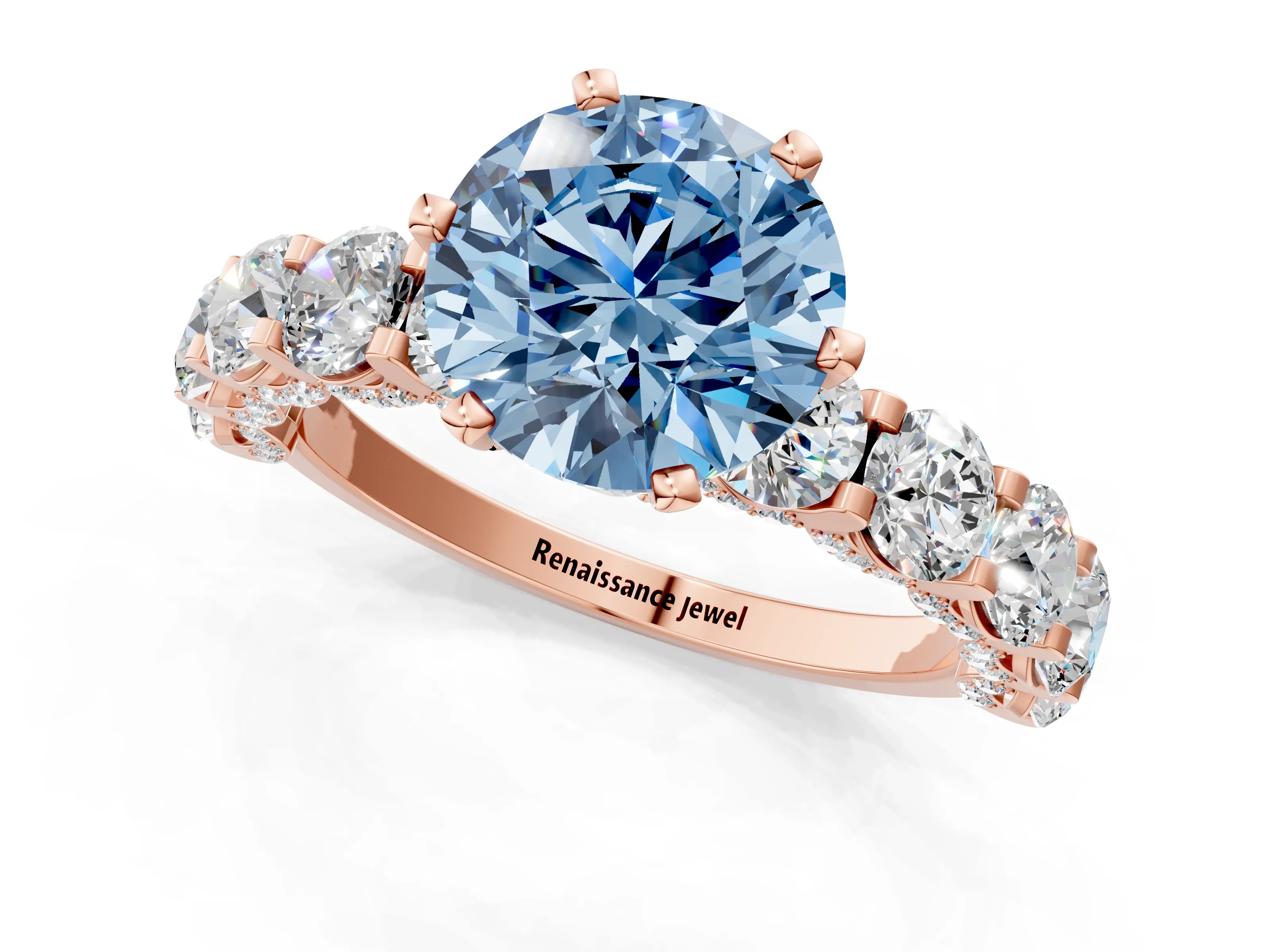 Rose gold Fancy Blue Round Cut Diamond Side Stone Engagement Ring with Four-Prong Setting_37