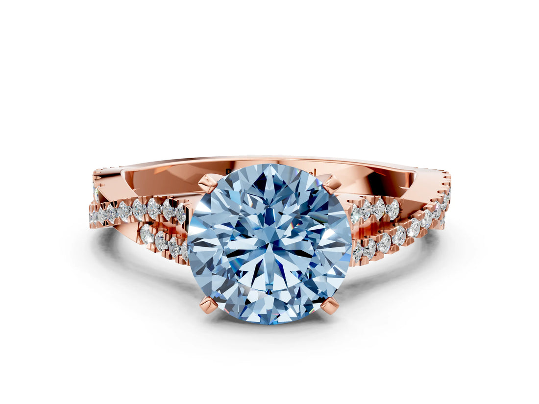 Rose gold Fancy Blue Round Cut Diamond Solitaire Engagement Ring with Twisted Pavé Band and Four-Prong Setting_49