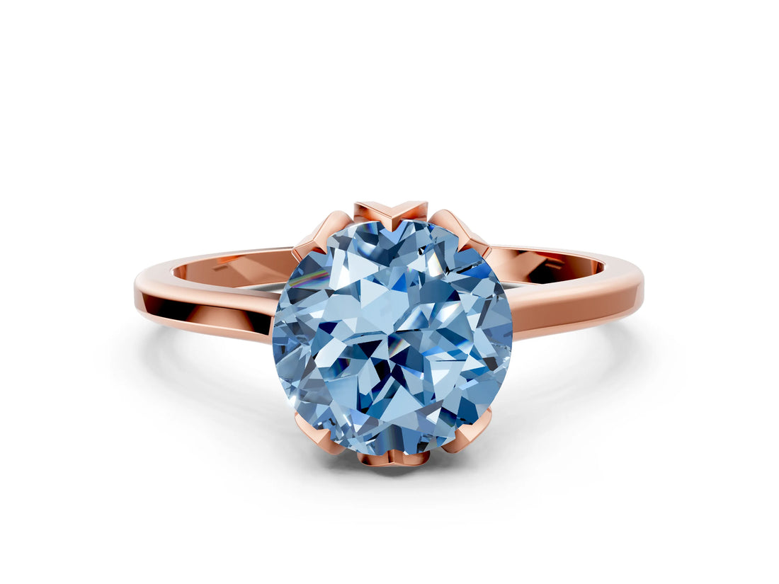 Rose gold Fancy Blue Round Cut Diamond Solitaire Ring with Flower Prong Setting and Classic Band_12