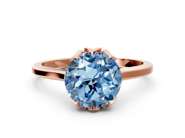 Rose gold Fancy Blue Round Cut Diamond Solitaire Ring with Flower Prong Setting and Classic Band