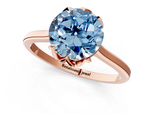 Rose gold Fancy Blue Round Cut Diamond Solitaire Ring with Flower Prong Setting and Classic Band