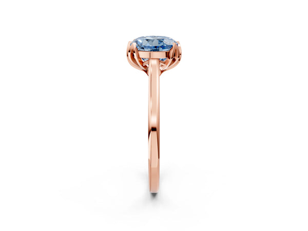 Rose gold Fancy Blue Round Cut Diamond Solitaire Ring with Flower Prong Setting and Classic Band