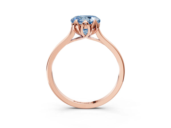 Rose gold Fancy Blue Round Cut Diamond Solitaire Ring with Flower Prong Setting and Classic Band