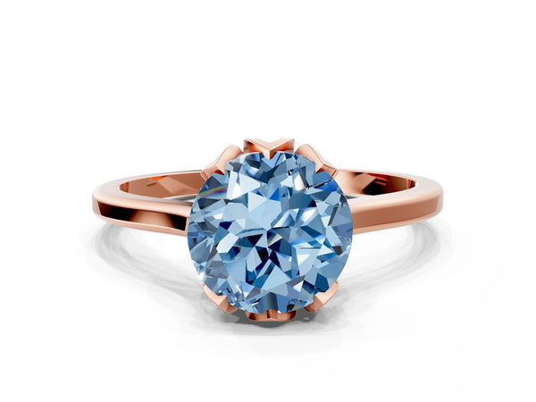 Rose gold Fancy Blue Round Cut Diamond Solitaire Ring with Flower Prong Setting and Classic Band