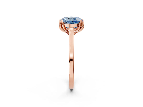 Rose gold Fancy Blue Round Cut Diamond Solitaire Ring with Flower Prong Setting and Classic Band