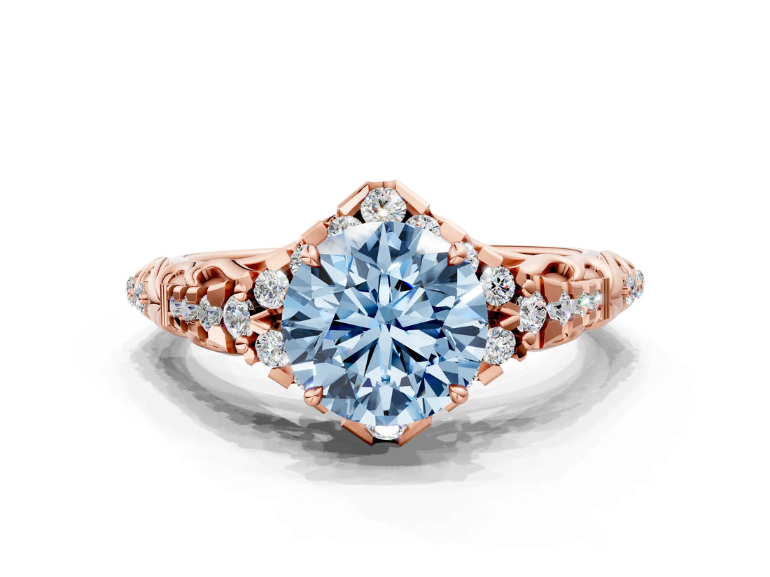 Rose gold Fancy Blue Round Cut Diamond Solitaire Ring with Hidden Halo and Pavé Band_27
